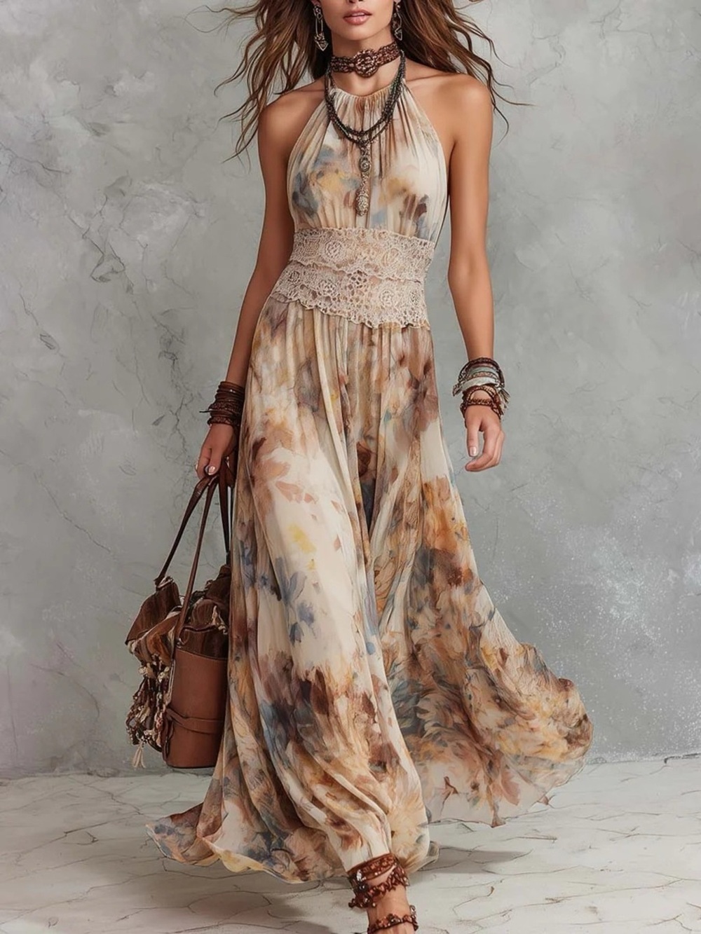 Floral Print Halter Neck Maxi Dress